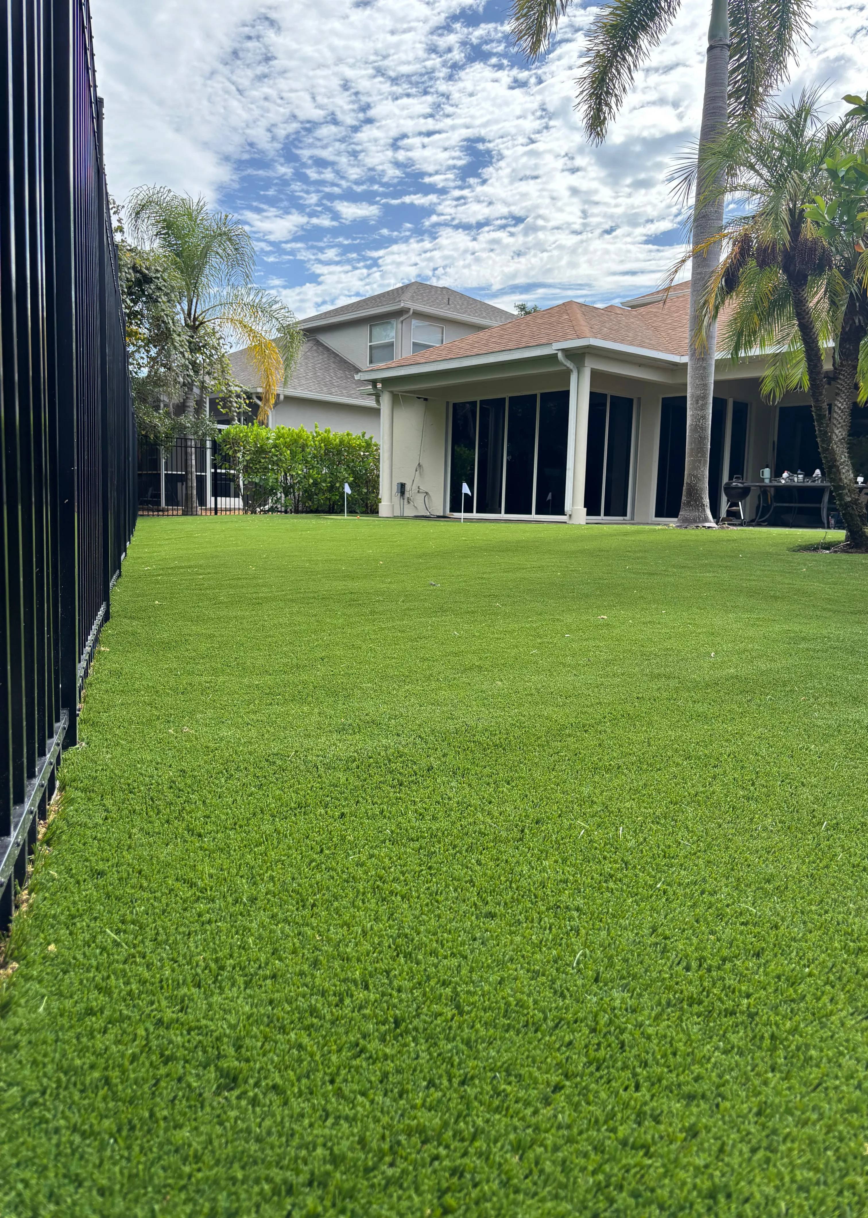 A full backyard of artificial turf seen through a black aluminum fence, with palms and the house behind