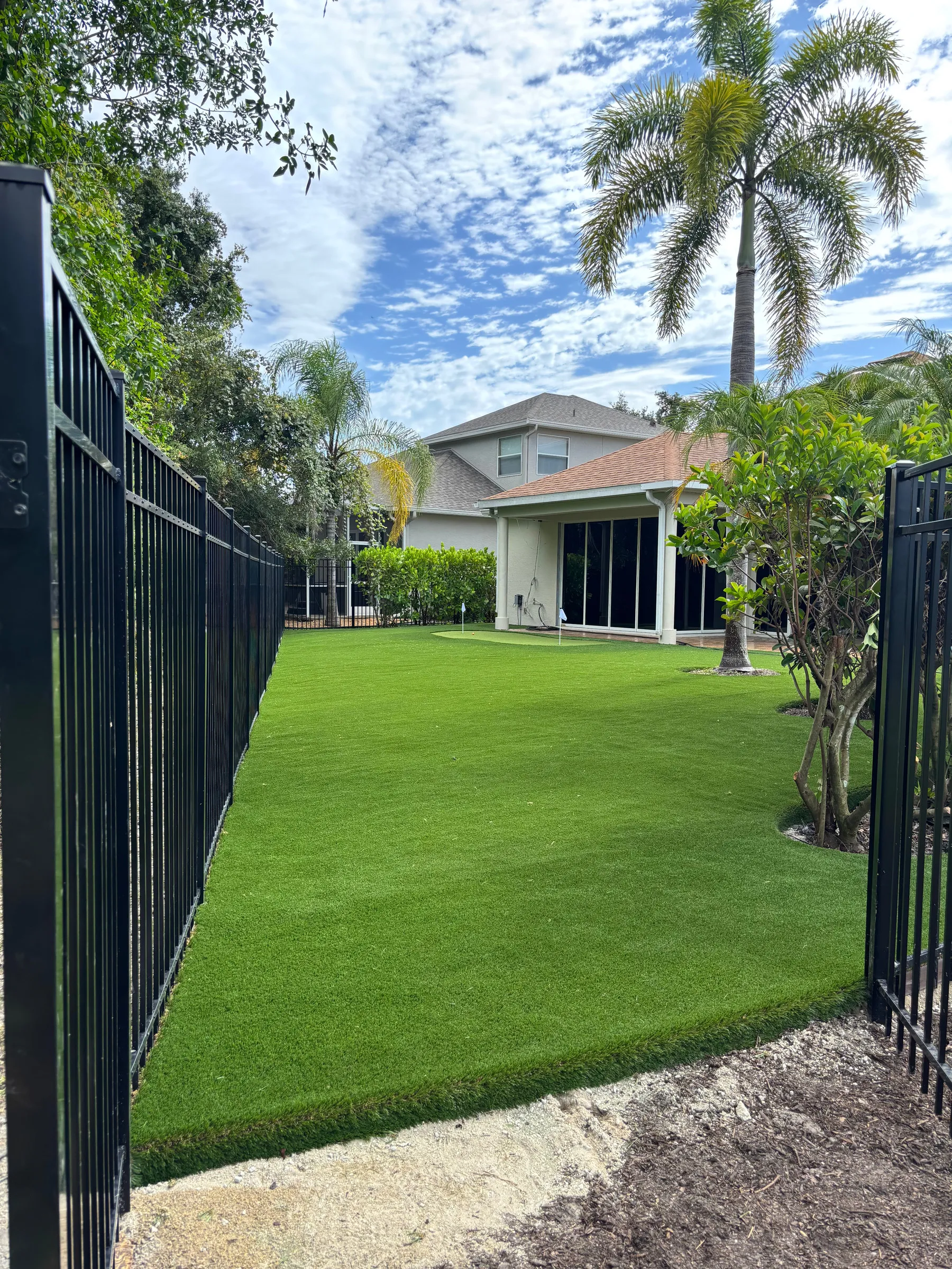 Artificial turf lawn along a black aluminum fence with palms behind